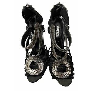 Charlotte Russe Black with Sliver Metallic Caged Platform Heels with Zippers S7